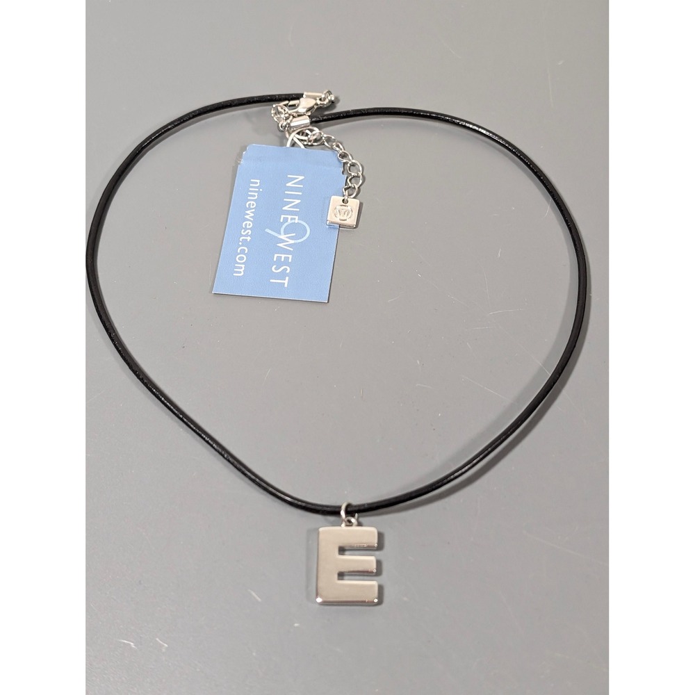 NWT Nine West Silver Tone Initial E Pendant Black Cord Necklace 18" Minimalist - Picture 3 of 7